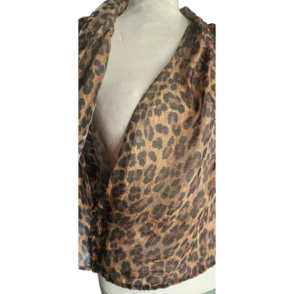 Vintage 80s Portara Leopard Print Sheer Wrap Blouse Size S 38 German Designer
